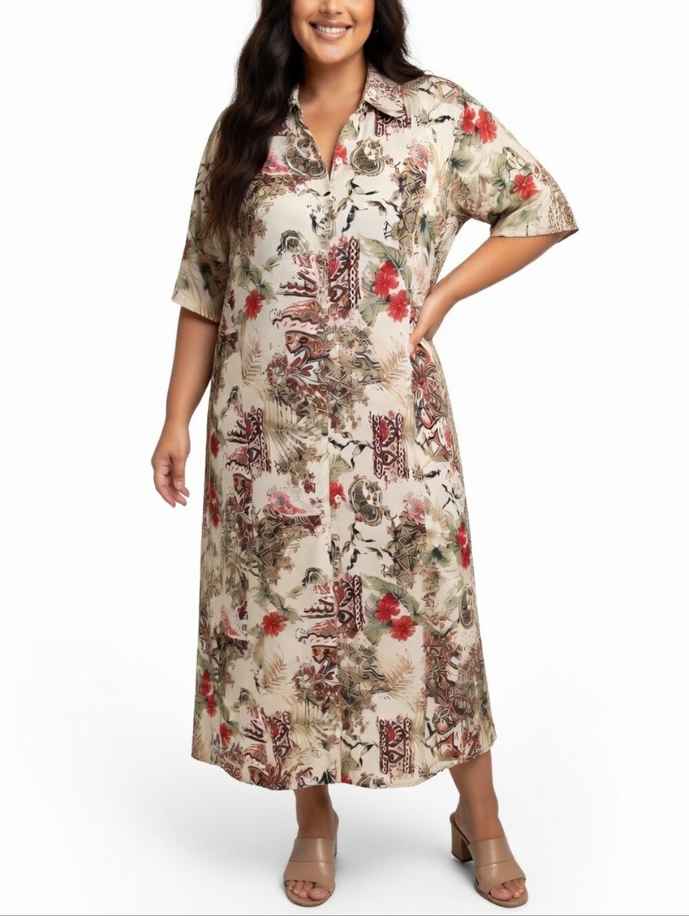 Penningtons Cream Abstract Print Button-Up Short Sleeve Maxi Dress Size 24